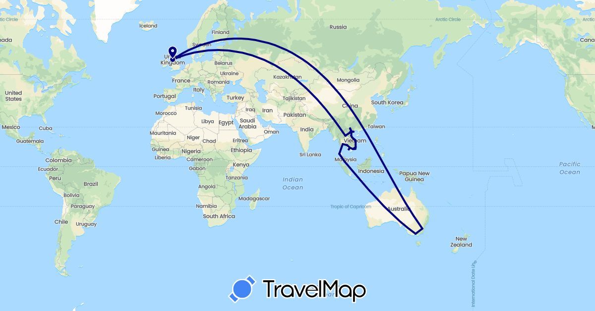 TravelMap itinerary: driving in Australia, United Kingdom, Cambodia, Laos, Malaysia, Thailand, Vietnam (Asia, Europe, Oceania)